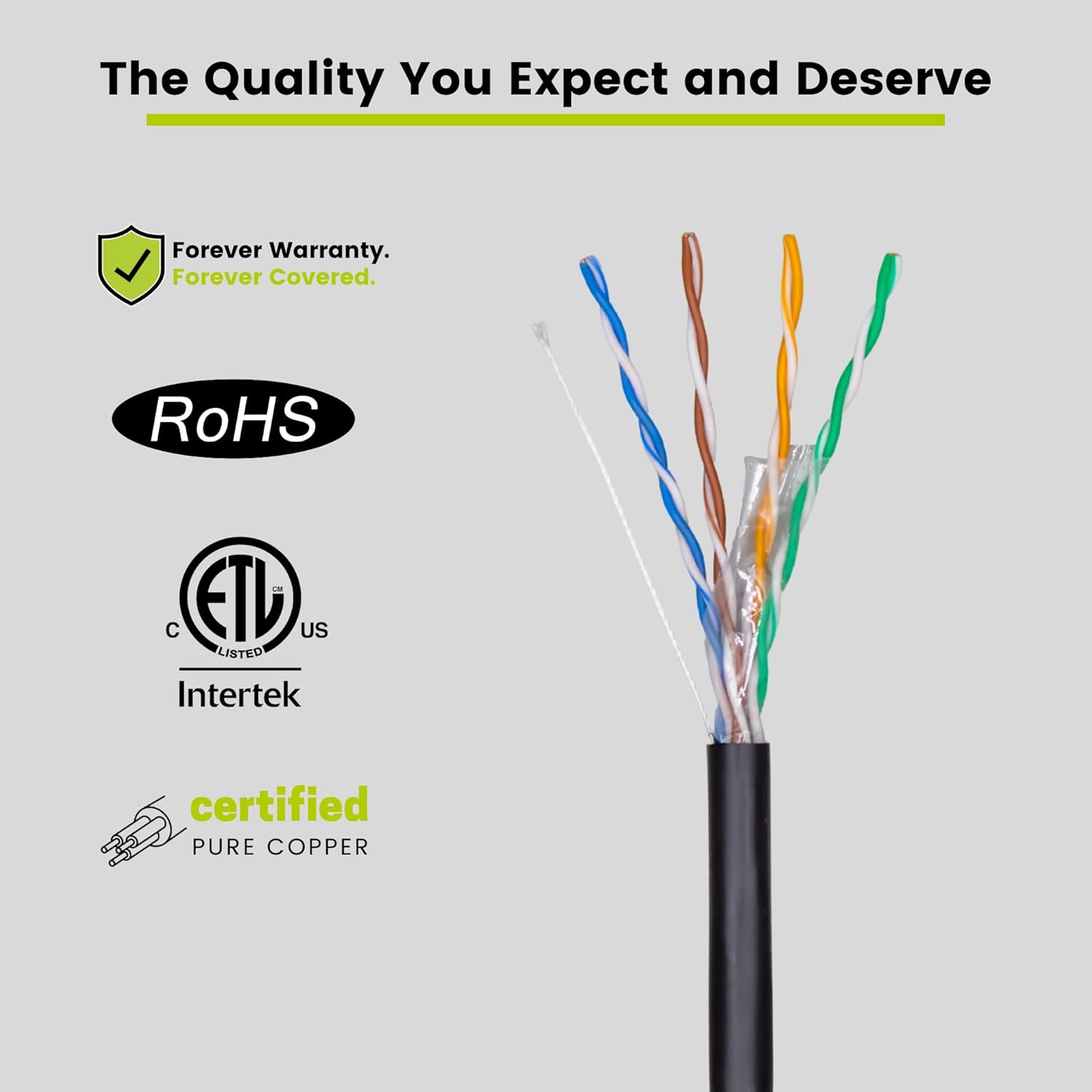 TRUE CABLE Cat5e Outdoor Bulk Ethernet Cable, Unshielded, 1000ft, Black, UV Resistant, OSP Jacket, 24AWG Solid Bare Copper, 350MHz, PoE++ (4PPoE)