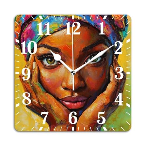 DTOIVSAT Battery Operated Square Wall Clock Non-Ticking Silent Analog Clcoks Decorative for Living Room,Office,Kitchen-Woman with A Colorful Headscarf(10inch)