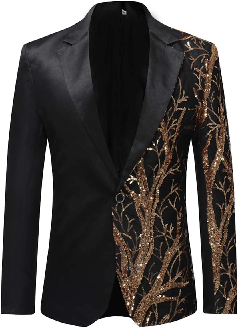 Mens Stylish Dinner Tux Dress Blazer Slim Fit Gold Sequin Suit Jacket Sport Coat