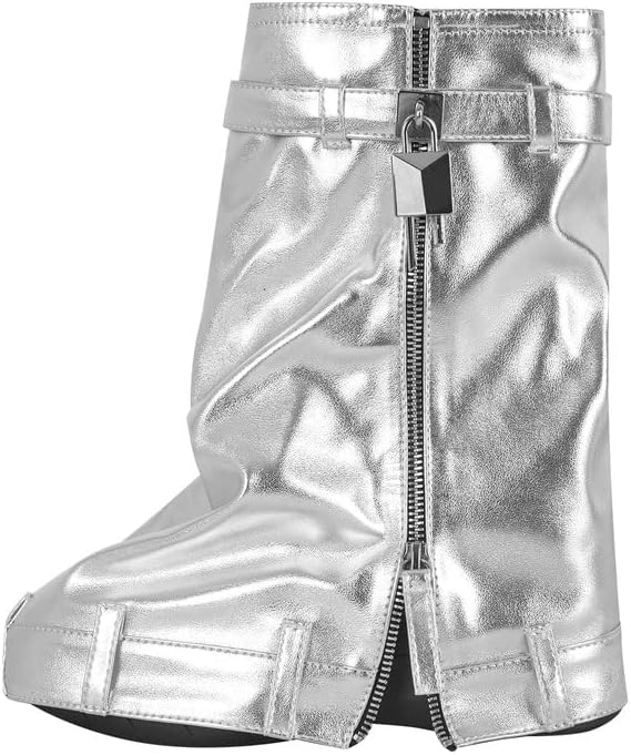 Botas de mezclilla para mujer, con candado, plegables, hasta la rodilla, con cremallera, botas de mezclilla altas