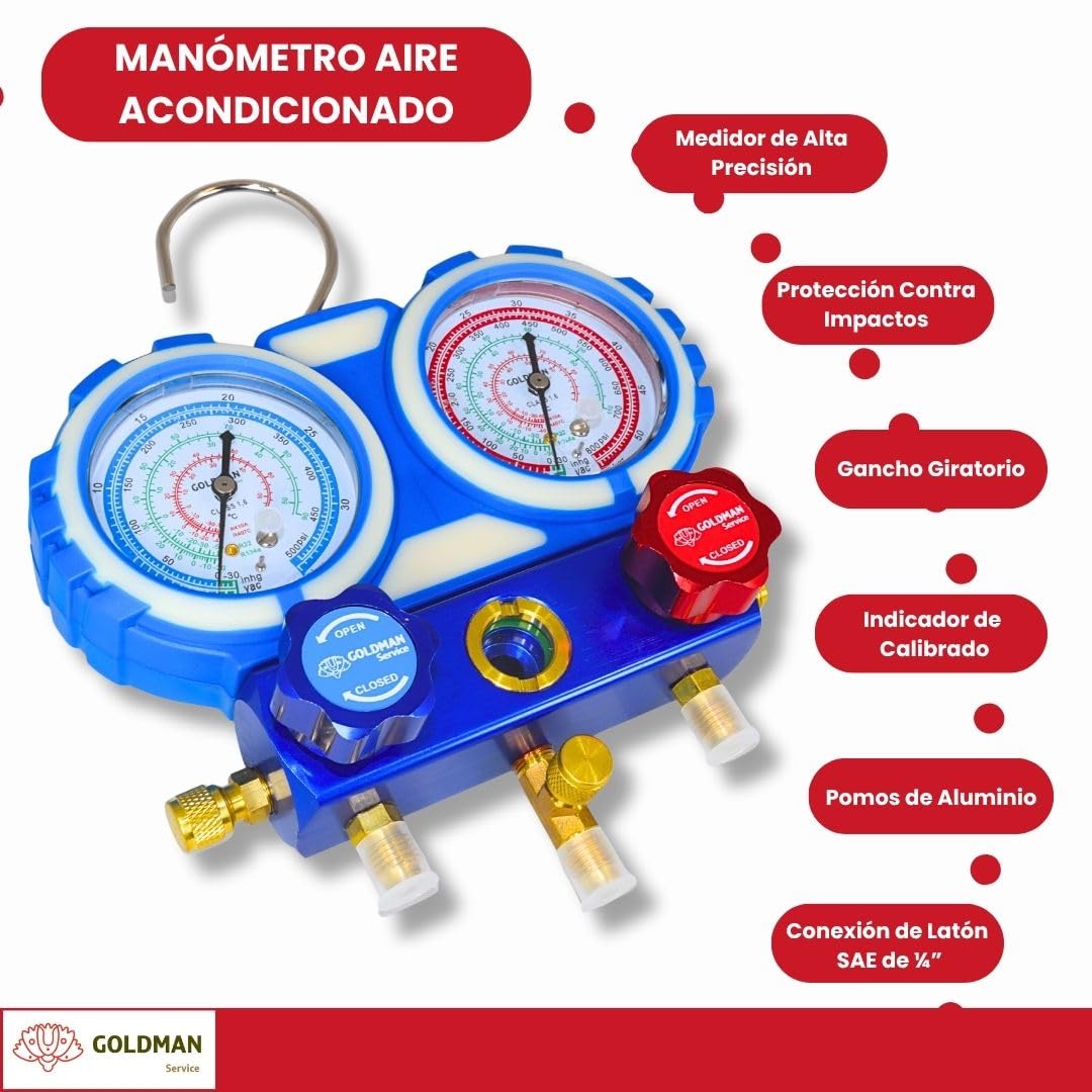 GOLDMAN SERVICE | Kit Manómetro Aire Acondicionado con 3 Mangueras Carga y Medición de Gas Refrigerante Coche | R410A R407C R32 R134a