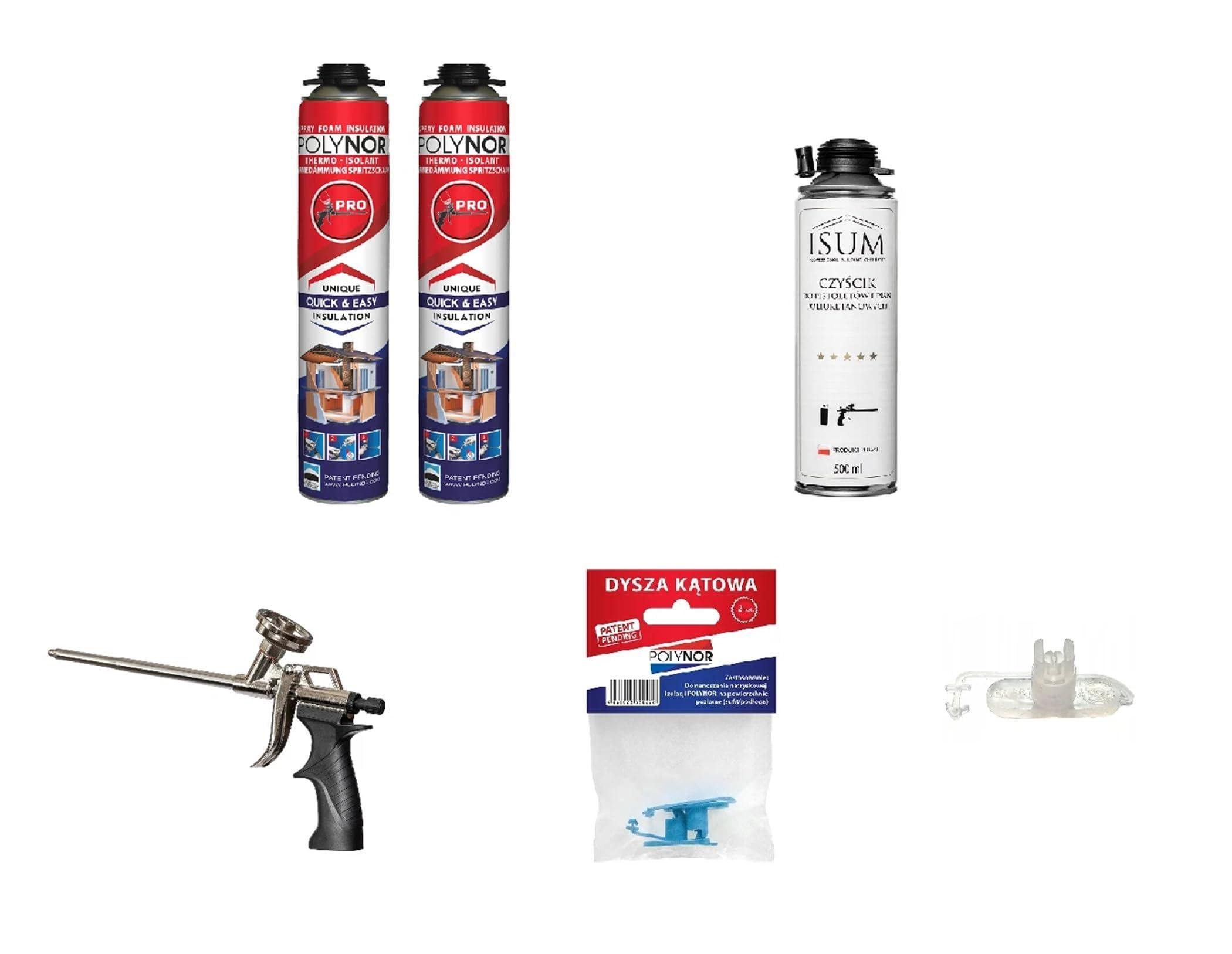 POLYNOR PUR-Wärmedämmung in der Dose PRO – Set mit 8 Teilen – 2 Schaumstoffe – Schaumpistole – Sprühbare Wärmedämmung – Dämmung von Wänden, Dächern, Decken, Rohren – Aerosol 750 ml