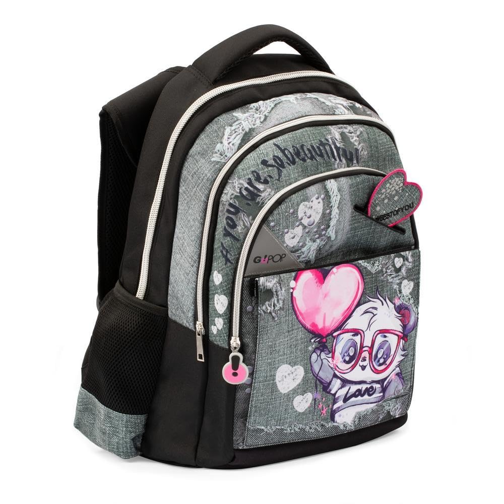 Go Pop - Zaino Modello Panderful, 3 Scomparti,Tasche Interne E Laterali Porta Borraccia, Schienale E Spallacci Imbottiti, Con Fascia Personalizzata E Pop Up, Lt 24, Dim 32x44x19,Scuola Elementare