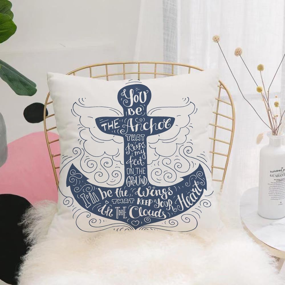 HYOSXW Cushion Cover,Throw Pillow Case Home Decorative for Living Room Bedroom Sofa Chair 16X16 Inch,Anchor,Doodle Style Maritime Motif with Swirls and Curls Motivational Quote Des,Pillowcase 40X40cm