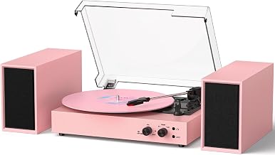 Vinyl Record Player with Bluetooth and External Stereo Speakers, 3-Speed Belt-Driven Turntable with USB to MP3 Recording, AUX RCA Headphone Jack, Auto Stop, Pink