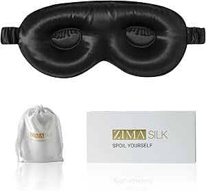 ZIMASILK 22 Momme Pure Mulberry Silk Sleep Mask, 3D Contoured Cup Eye mask Blindfold, with Silk Wrapping Strap, Super Soft & Comfortable Sleep Eye Mask for Sleeping. (Black)