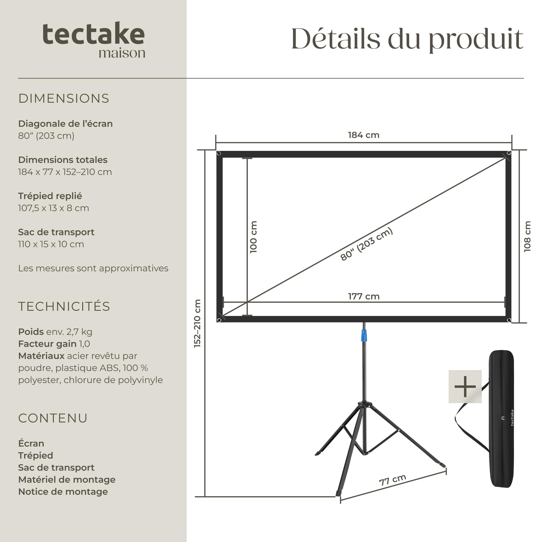 tectake® Écran de Projection portable avec trepied, 177x100 cm, Ecran videoprojecteur format 16:9, Toile videoprojecteur 4K, HD, Full HD, Ultra HD Ecran de Projection Toile projecteur Écran projecteur