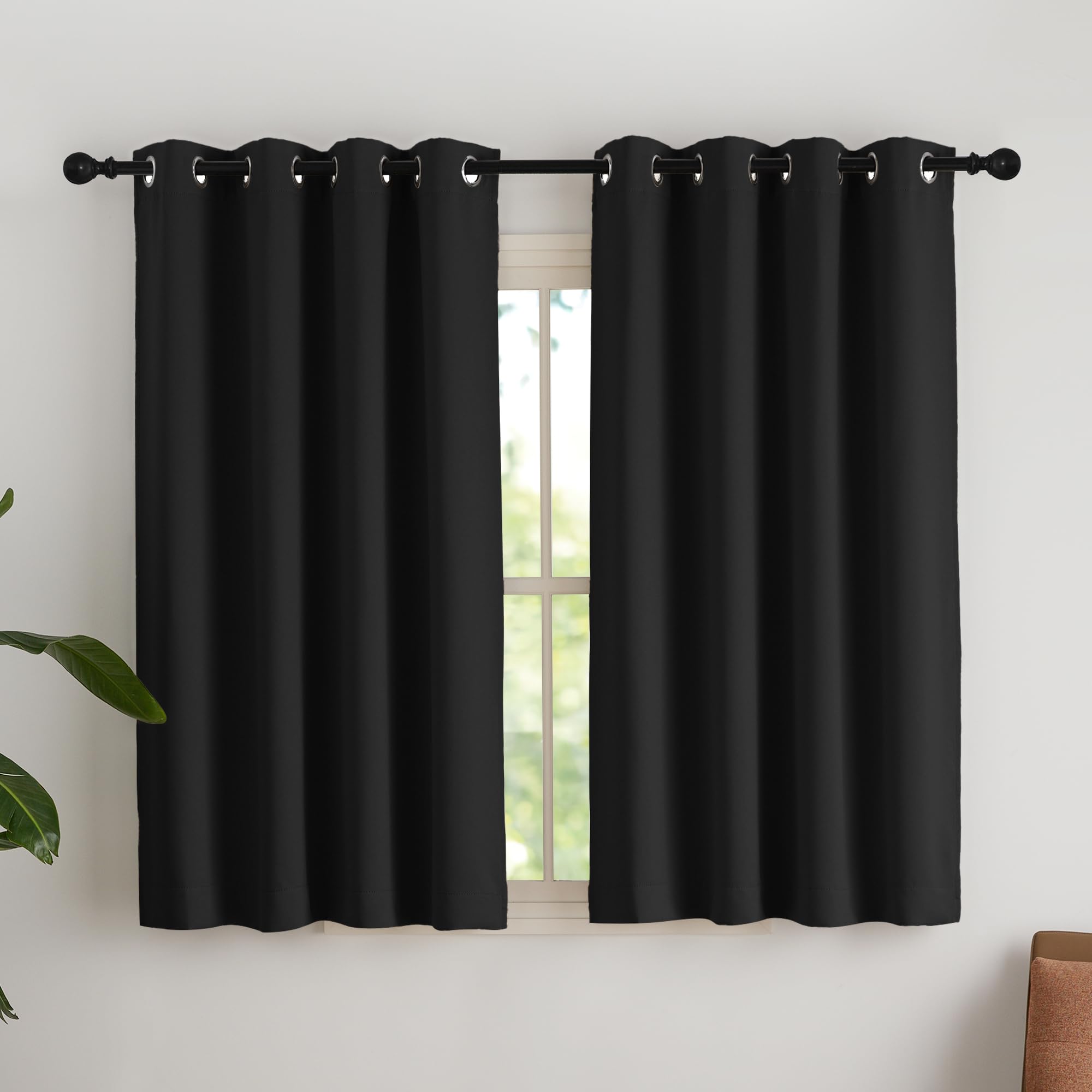 NICETOWN Black Curtains, Opaque Curtains for Small Windows, Blackout Curtain Eyelets, Set of 2, H 145 x W 140 cm, Window Curtain, Short Thermal Curtain, Cold Protection, Black Out Curtains, H 145 x W
