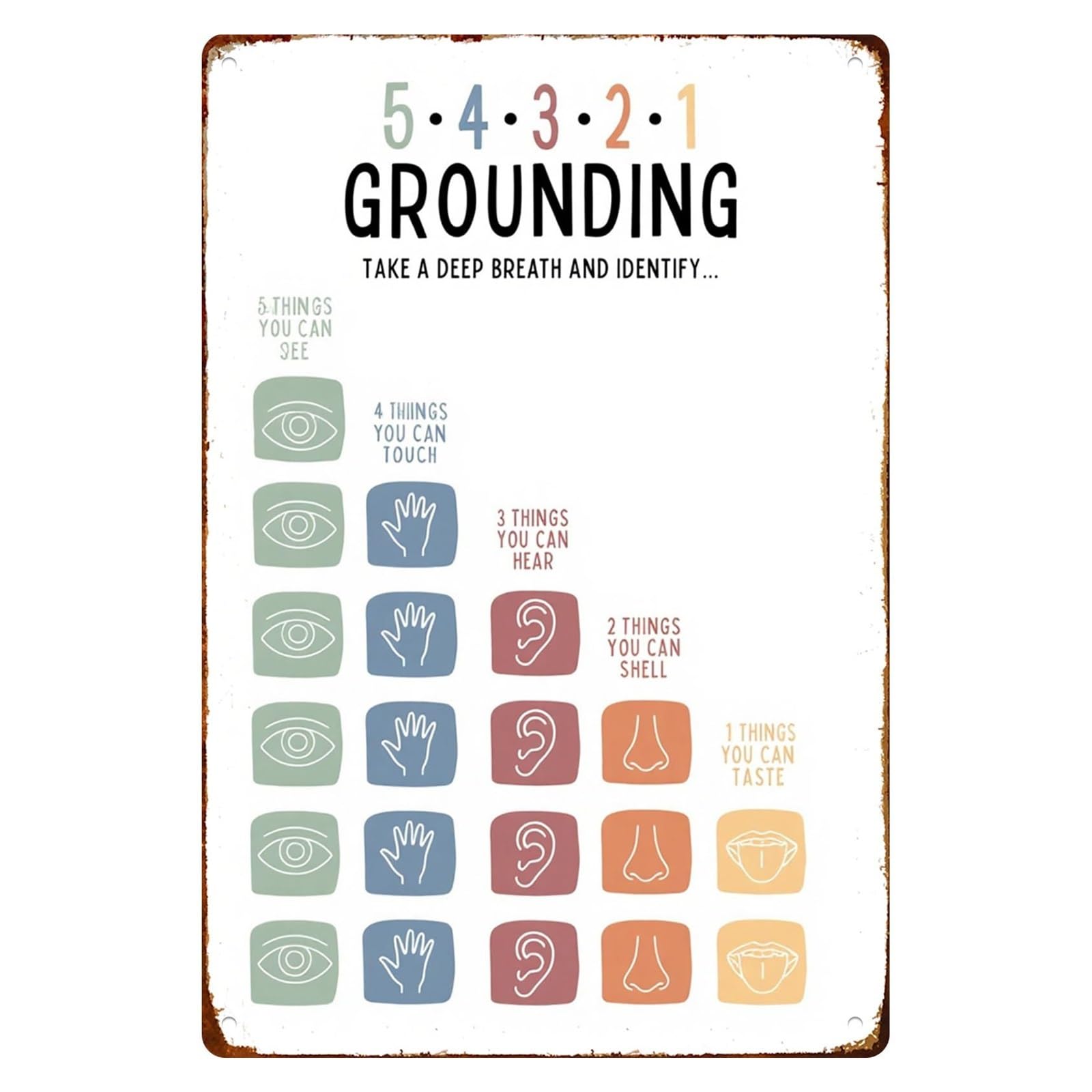 NWPNLXEA Grounding Skills Metal Sign 54321 Awareness Exercise Prompt for Teens Adults Calming Toolkit Bedroom Reading Nook Library Decor 8 X 12 inch