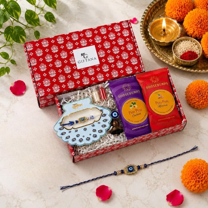 Image of Giftana Rakhi Gift Set for Brother with Evil Eye Rakhi, Guardian Bell Keychain, Greeting Card, Raksha Bandhan Gift Combo for Bhai & Bhaiya