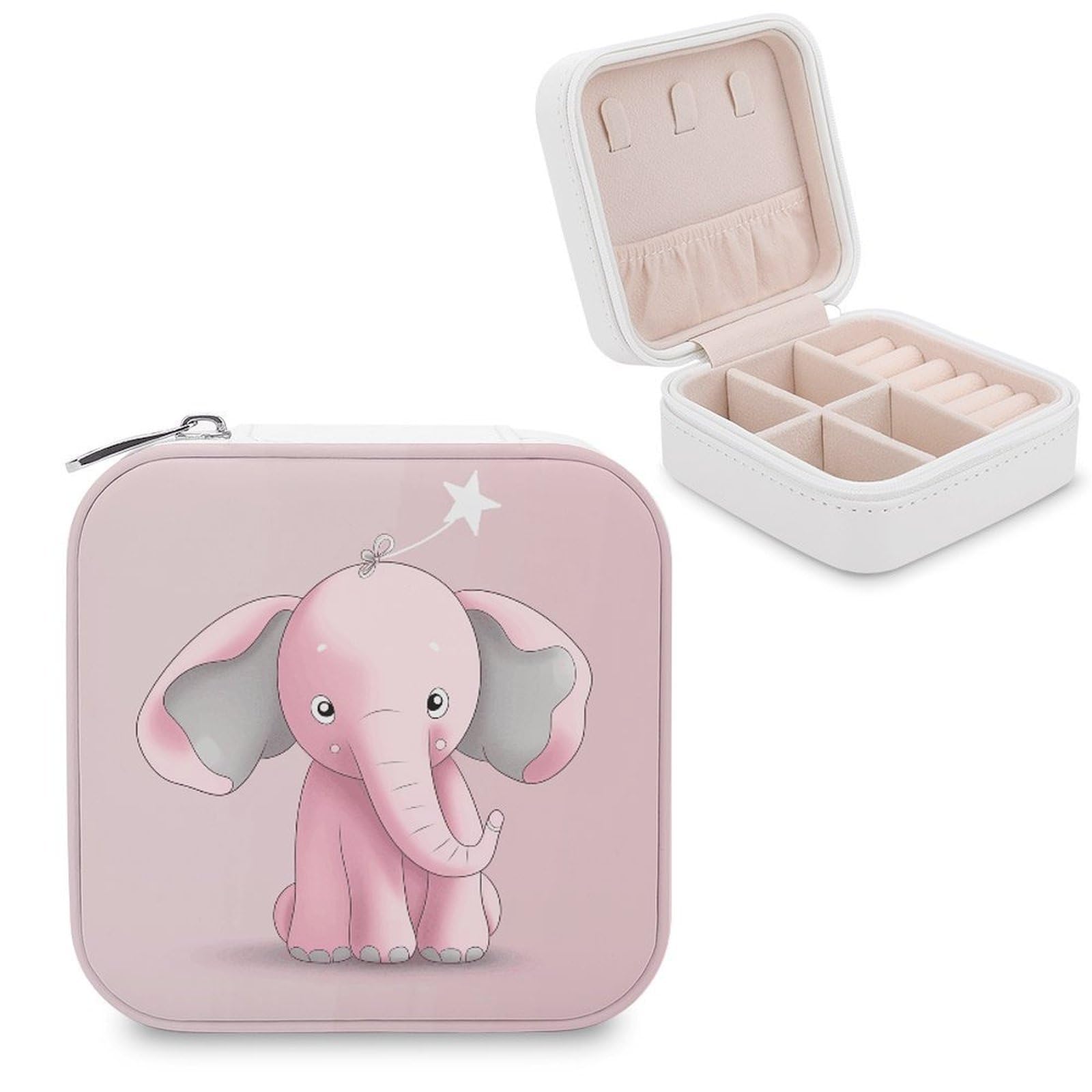 LZQPOEAS Pink Elephant Jewelry Box, PU Patterned Storage Case, Portable Travel Jewelry Organizer Box for Storing Rings, Pendants, Earrings, Necklaces, And Women's Specialized
