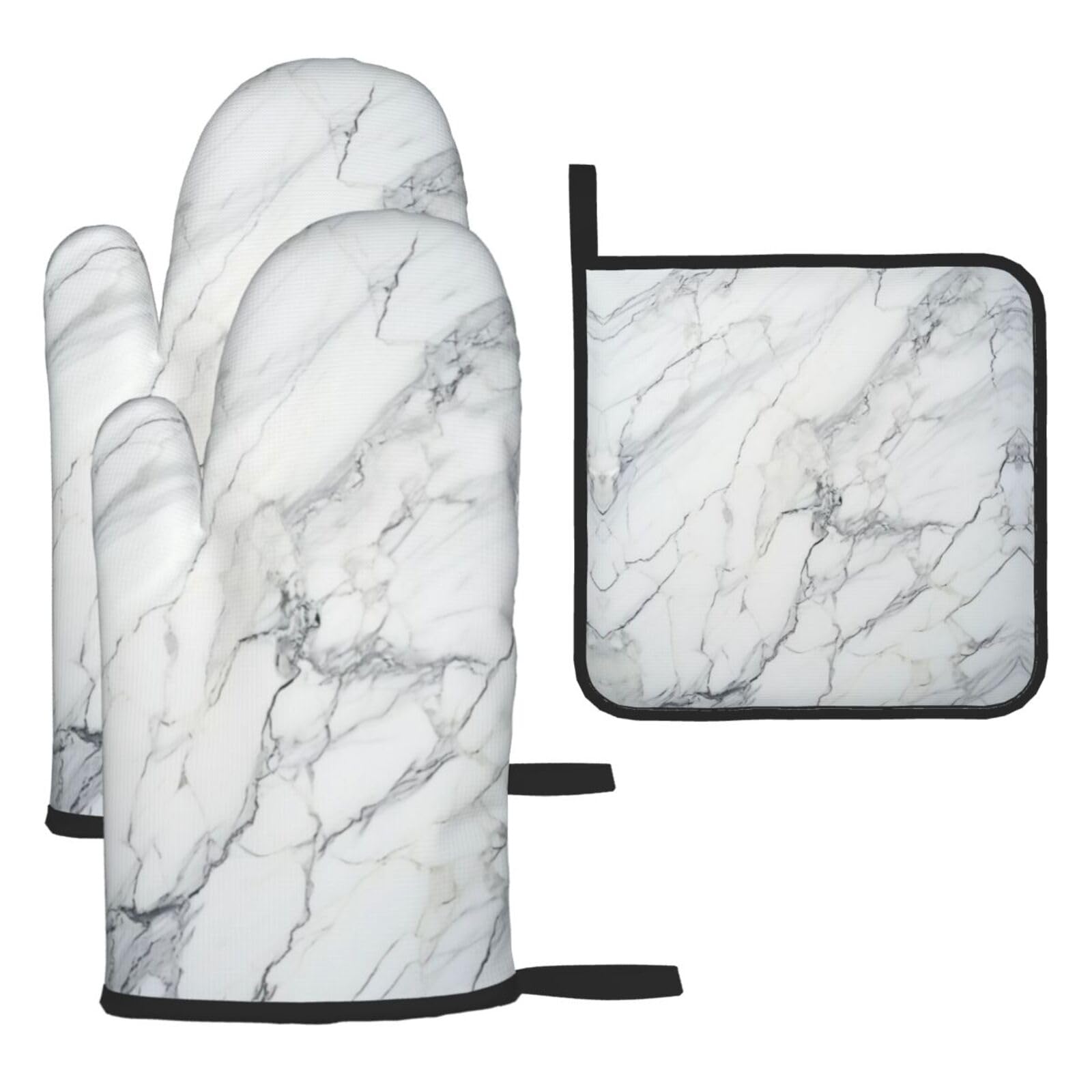 White marbling Oven mittens and oven mitts three-piece set suitable for oven, grilling, baking, microwave and home cooking.