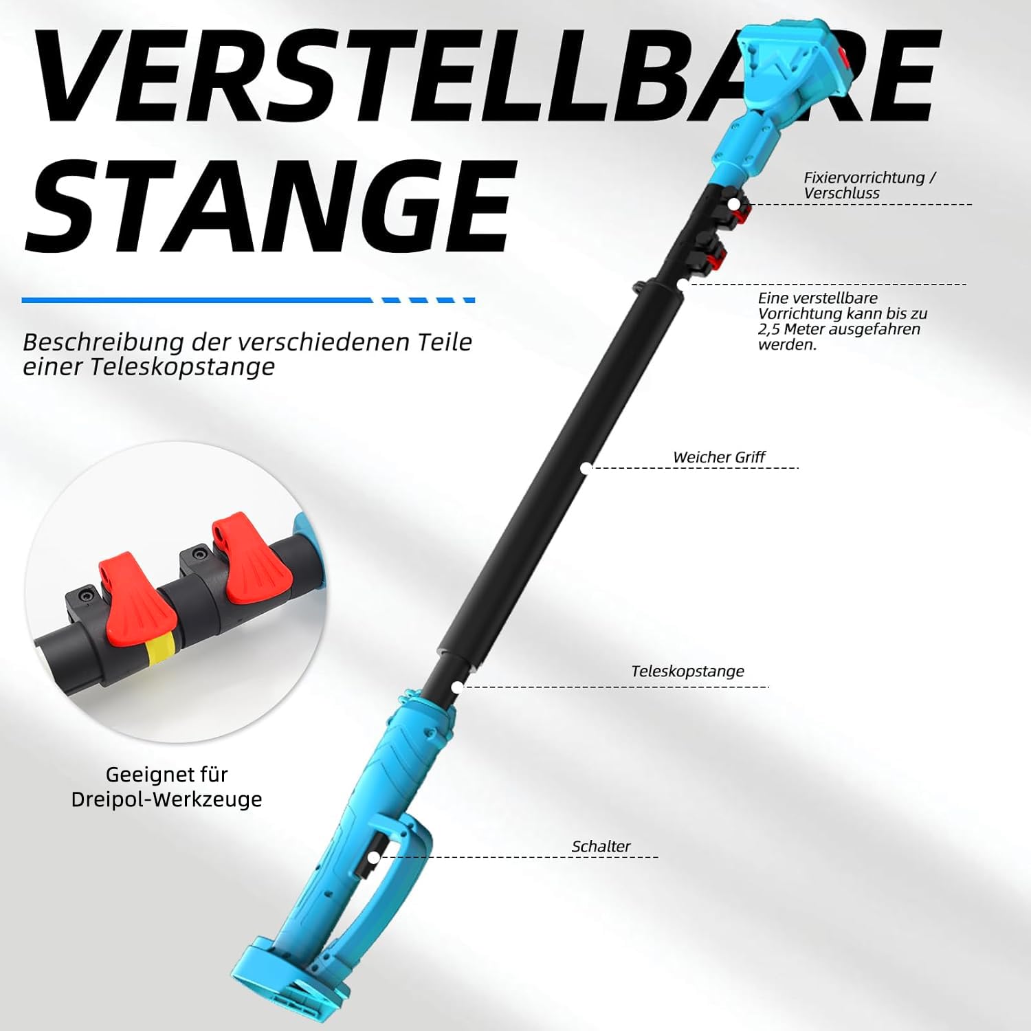 2-in-1 Akku Teleskop-Gartenschere 40 mm mit SK5 Klinge | 2,5 m Teleskopstange, 4,6m Länge,1000W Bürstenloser Motor, 2x 4000mAh Akku, LCD-Display,für Bäume, Sträucher & Hecken