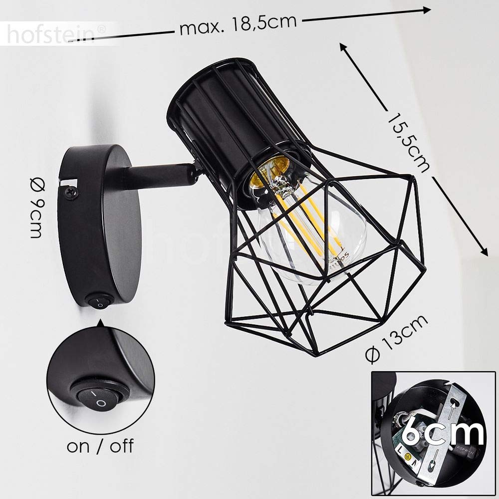 Lampada da parete Bardhaman, lampada regolabile in metallo in nero, 1 luce, 1 x E27, spot da parete retro/vintage in design a traliccio con interruttore on/off sull'alloggiamento, senza lampadina/e