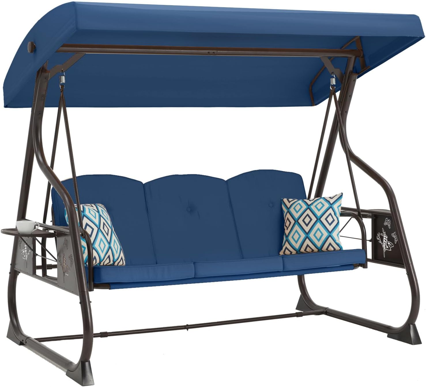3-Seat Patio Porch Swing 800LBS Outdoor Swing with Stand w/Canopy & Adjustable Backrest Patio Glider Chair w/Removable Pillows & Foldable Side Tray for Balcony Garden Deck (Blue)