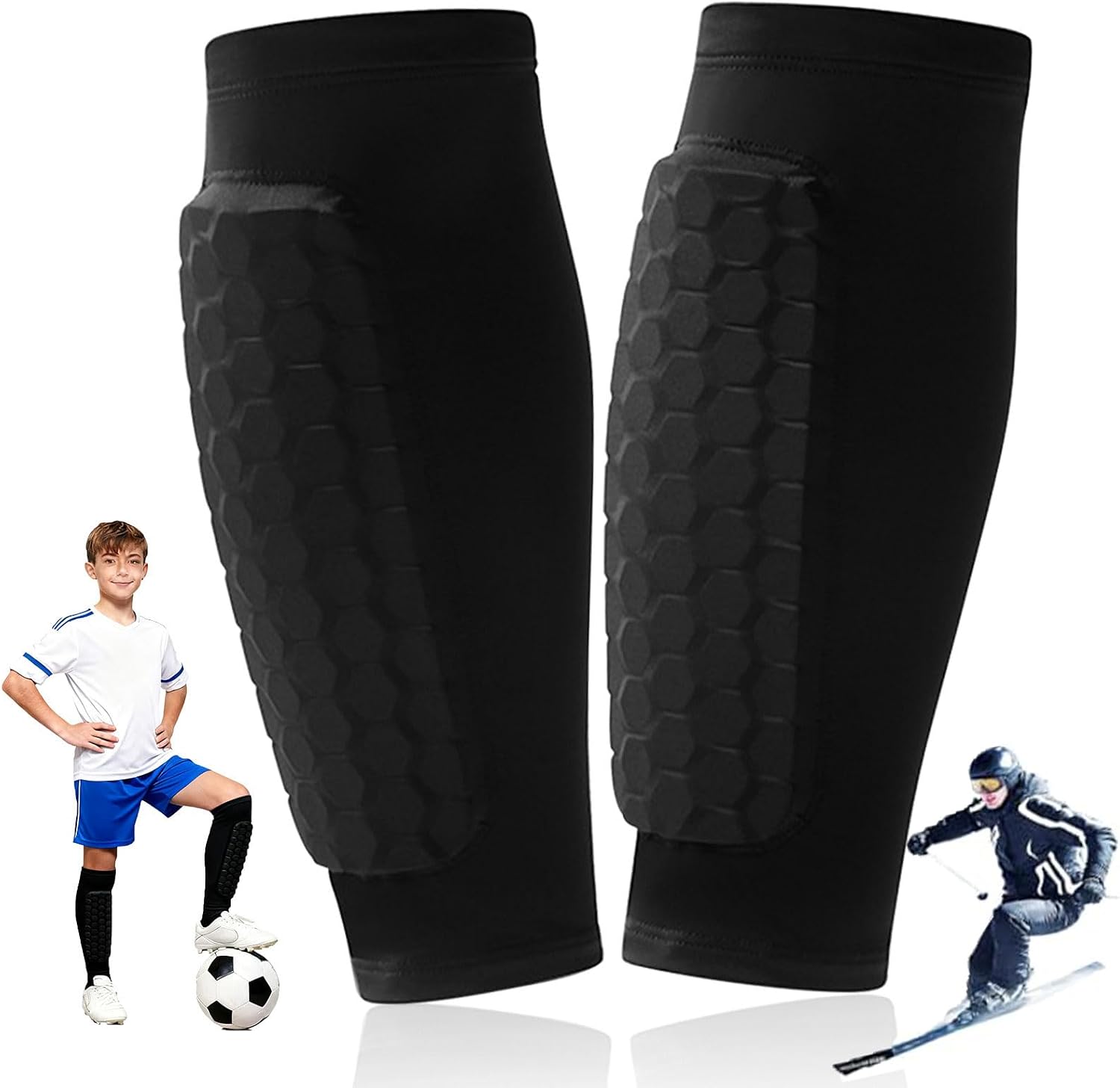 Soccer Shin Guards Shin Pads for Kids Youth Adult, Calf Compression Sleeve with Honeycomb Pads Protective Soccer Shin Pads Gear for Football Baseball Boxing Boys, Girls (Black, S(Age 6-10))
