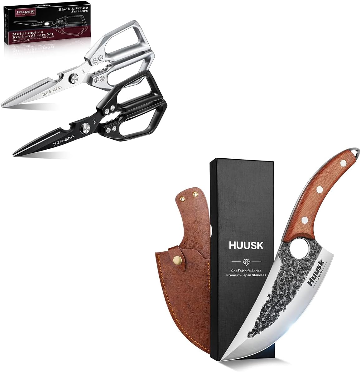 Huusk Knife Japan Kitchen Upgraded Viking Knives with Sheath Hand Forged Butcher Knife for Meat Cutting, Kitchen Scissors for Meat, Chicken Bones, and Turkey