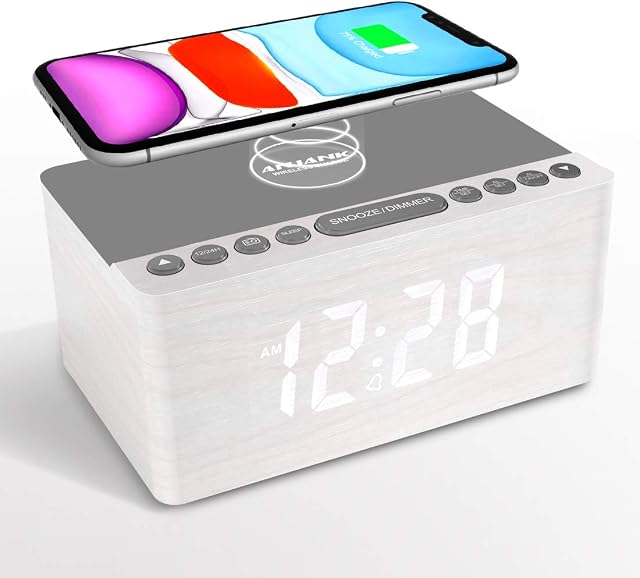 ANJANK Wireless Charging Alarm Clock,Bedside Wooden FM Radio,10W Super Fast Charger Station for Iphone/Samsung/Other Smart phone,USB Port,Mains Powered,5 Level Digital Dimmable Led Display