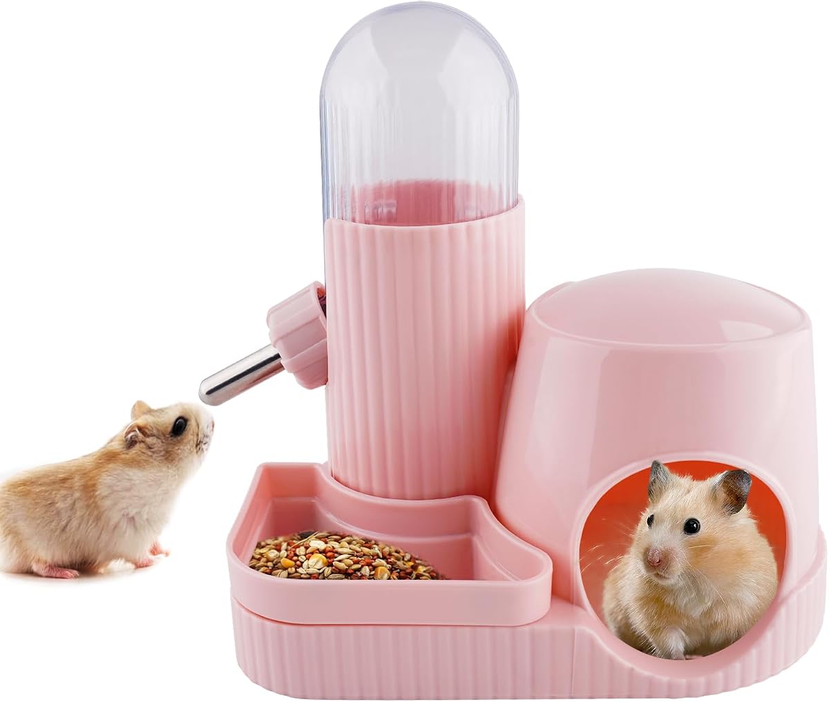 Botella de agua multifuncional 3 en 1 para hámster, sin goteo, dispensador de botella de agua de 100 ml con tazón de comida, dispensador automático para animales pequeños con base escondida, accesorios para jaula de hámster (rosa)