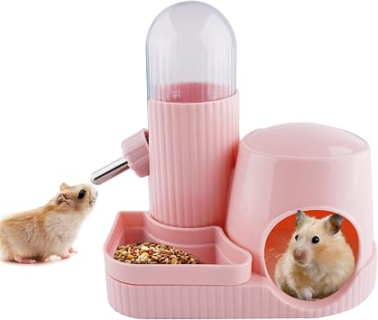 3 in 1 Multifunctional Hamster Water Bottle No Drip Gerbil 100ML Water Bottle Dispenser with Food Bowl Small Animal Auto Dispenser with Hideout Base Hamster Cage Accessories Pink