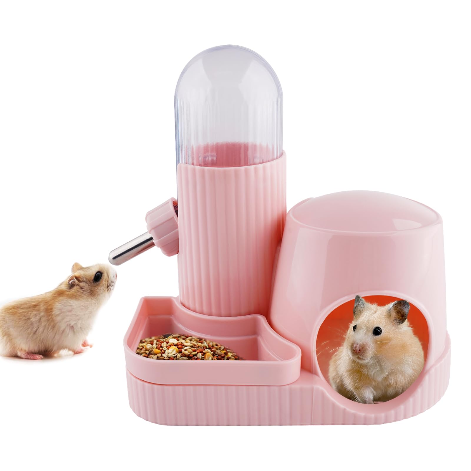 3 in 1 Multifunctional Hamster Water Bottle No Drip Gerbil 100ML Water Bottle Dispenser with Food Bowl Small Animal Auto Dispenser with Hideout Base Hamster Cage Accessories (Pink)