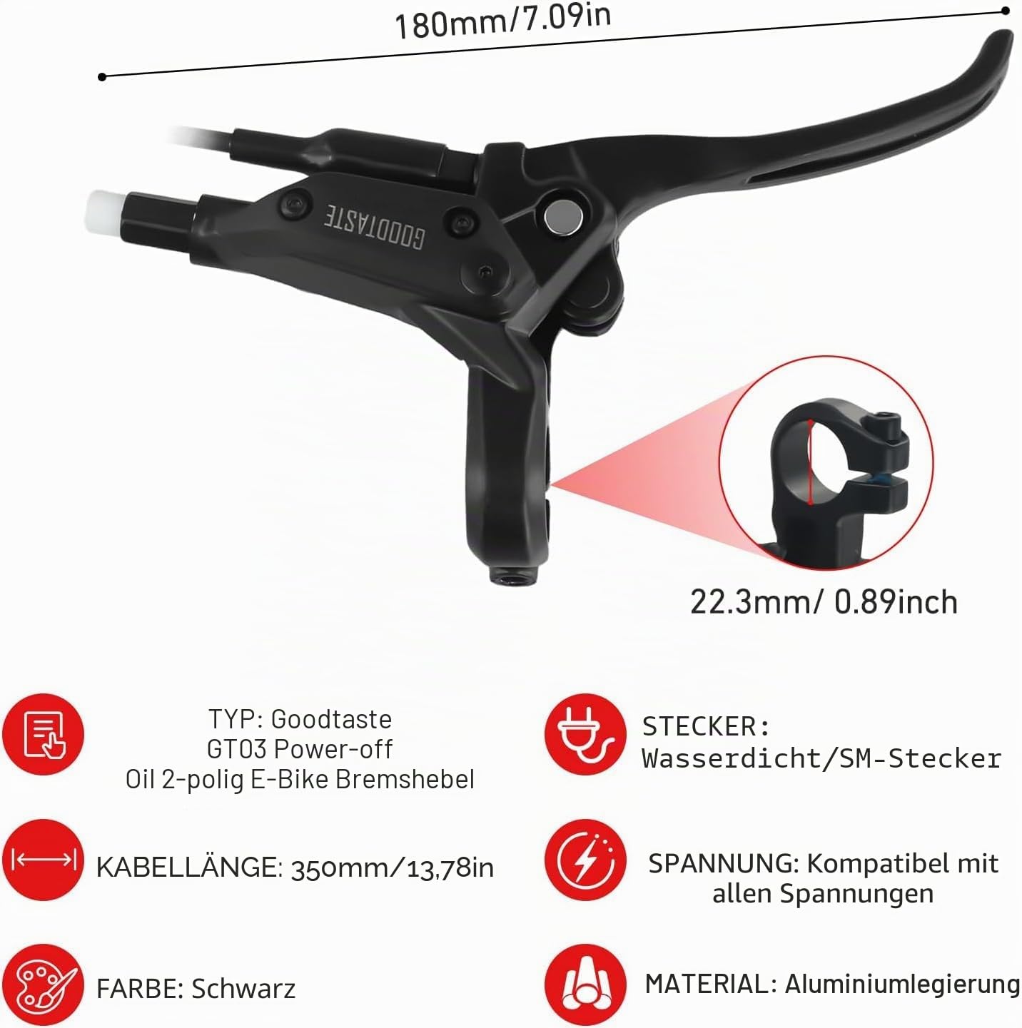 E-Bike Bremshebel GT03 Poweroff Oil 2-polig wasserdicht elektronischer Bremshebel Bremsgriffe für E-Bike oder E-Scooter-Zubehör (rechts)