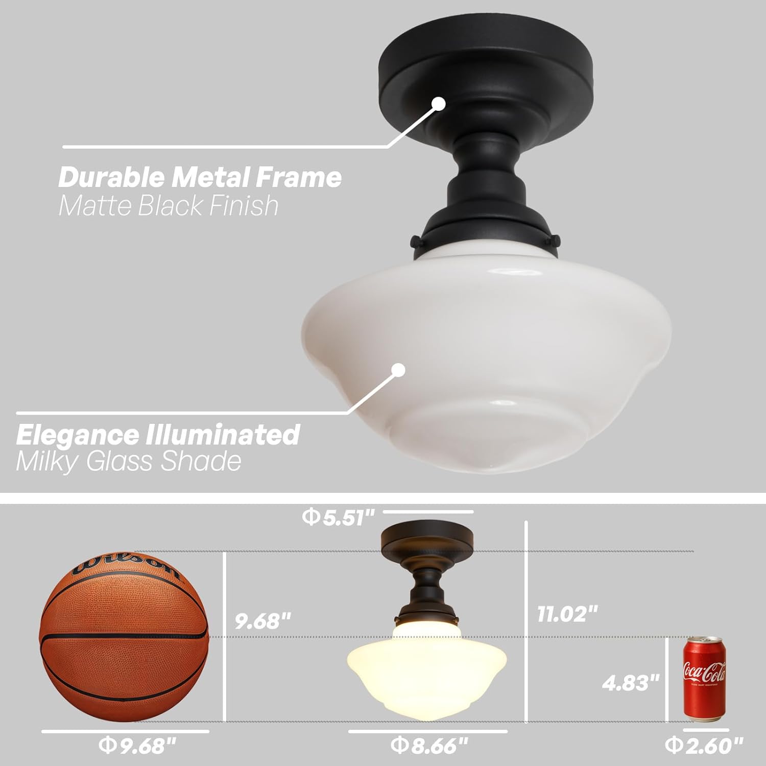 Modern Schoolhouse Semi Flush Mount Ceiling Light with Milk White Glass Lampshade, Industrial Close to Ceiling Light Fixture for Farmhouse Bedroom Hallway Entryway