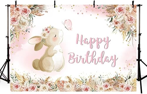 Miniatura 2 de MEHOFOND Fondo floral de cumpleaños para niñas acuarela bohemio flores conejo día de Pascua fondo de fotografía pancarta de feliz cumpleaños pampas