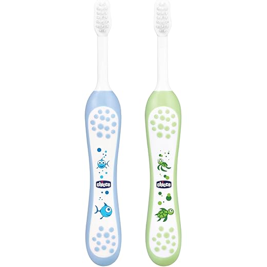 Chicco Baby Manual Toothbrush For Infants (6M-36M), Set Of 2|Extra Soft Tapered Bristles Ideal For Milk Teeth|Bpa Free (Blue, Green)