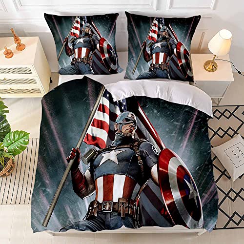 AUOSVER Juego de ropa de cama de 220 x 240 cm, diseño de Capitán América, suave y no necesita planchado, 3 piezas con 2 fundas de almohada de 80 x 80 cm, para niños y jóvenes