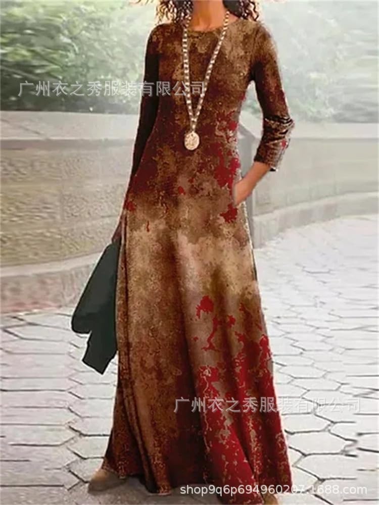 OSCORP Women’s Round Neck Long Sleeve Maxi Dress – Boho, Abstract, Paisley, Ombre, Watercolor Print, Loose Casual Daily Wear - Image 2