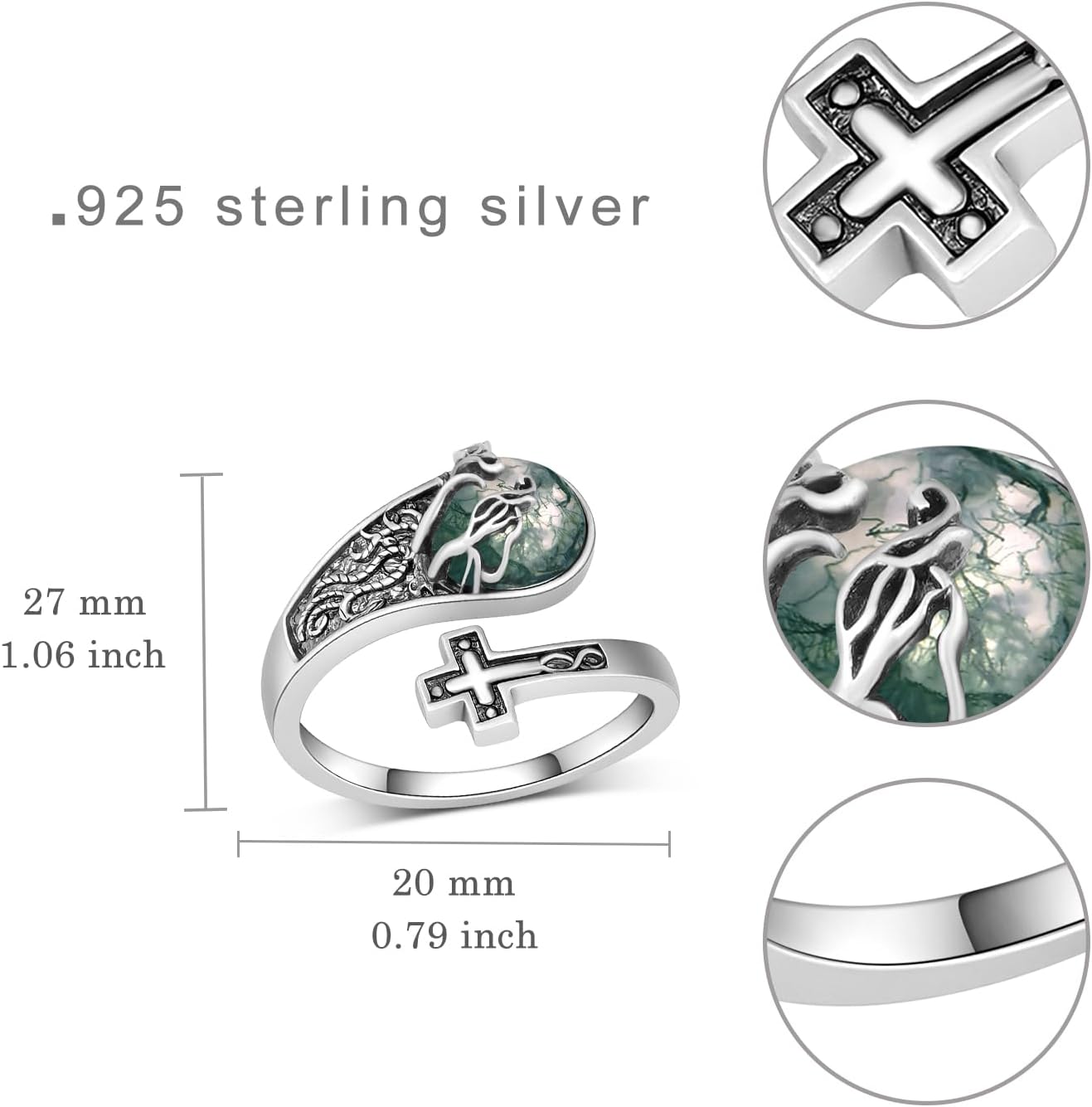 Tree of Life Ring 925 Sterling Silver Moss Agate Cross Adjustable Rings Cross Jewelry Tree of Life Gifts for Women