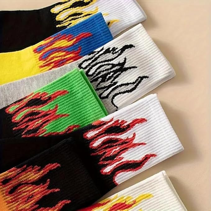 Image of 7 Pairs Pure Premium Cotton Socks Men & Women Calf Length Crew Flame Pattern Vibrant Colors, Full Length Comfort Stretchable Free Size Anti Odur Sweat Free Anti Slip