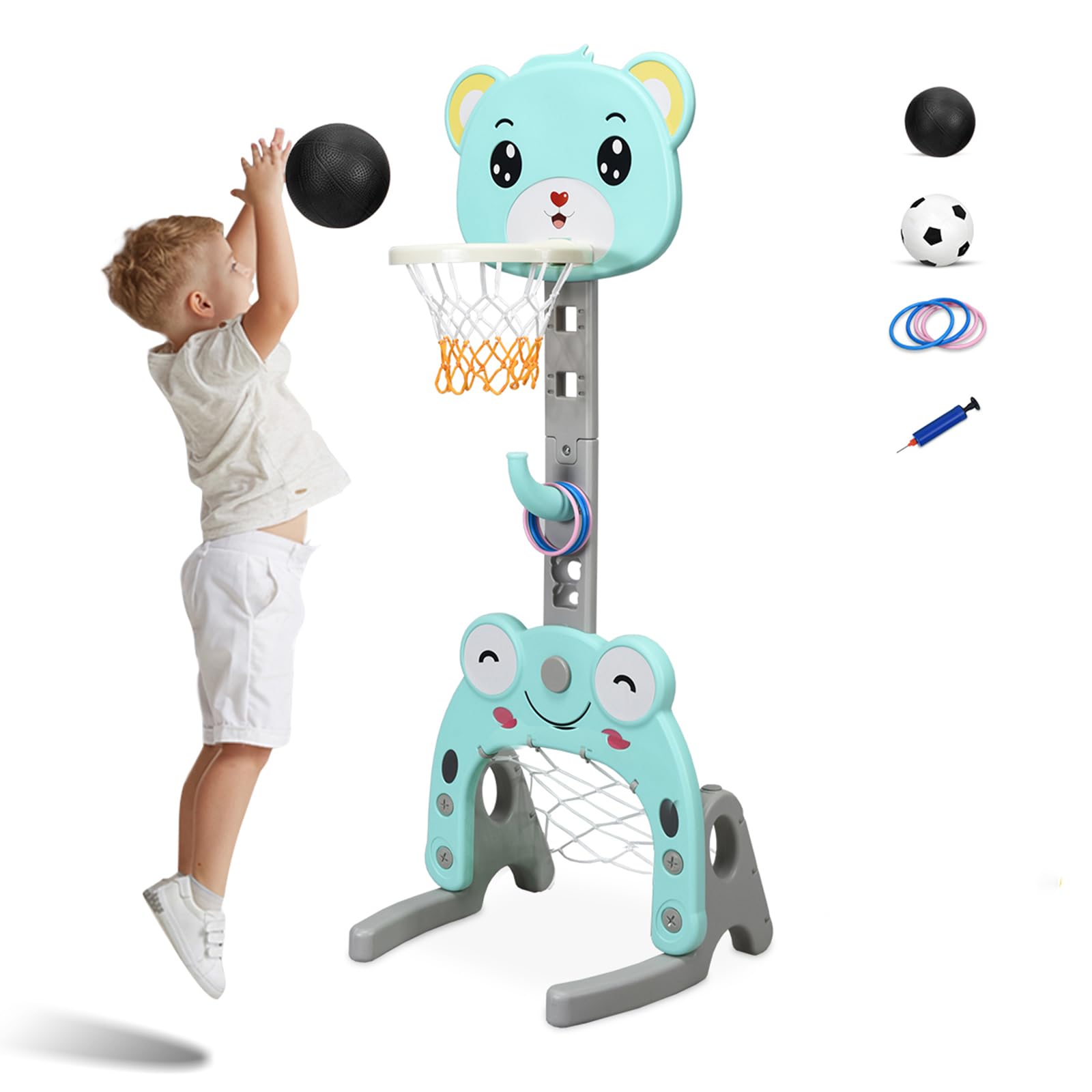 COSTWAY Canestro da Basket, Centro Attività 3 in 1 per Bambini, Canestro da Basket con Porta da Calcio e Gioco degli Anelli, Set Basket e Calcio a Forma di Orso, Ideale per Bambini (Verde)