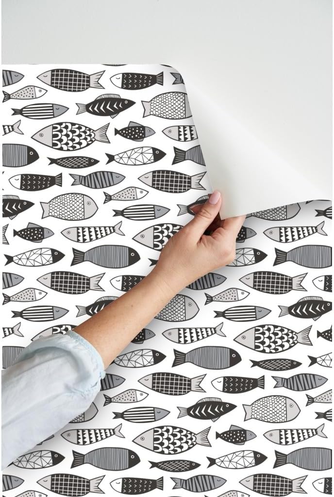 Peel & Stick Wallpaper 3ft x 2ft - Fish Geometric Gray Scandinavian Sea Nautical Black White Custom Removable Wallpaper by Spoonflower