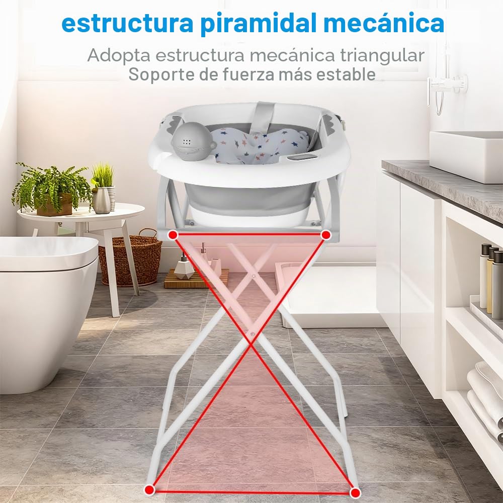 OHMG Bañera para bebé con soporte de 85 cm, bañera plegable para bebé, con termómetro y cojín de baño, bañera plegable
