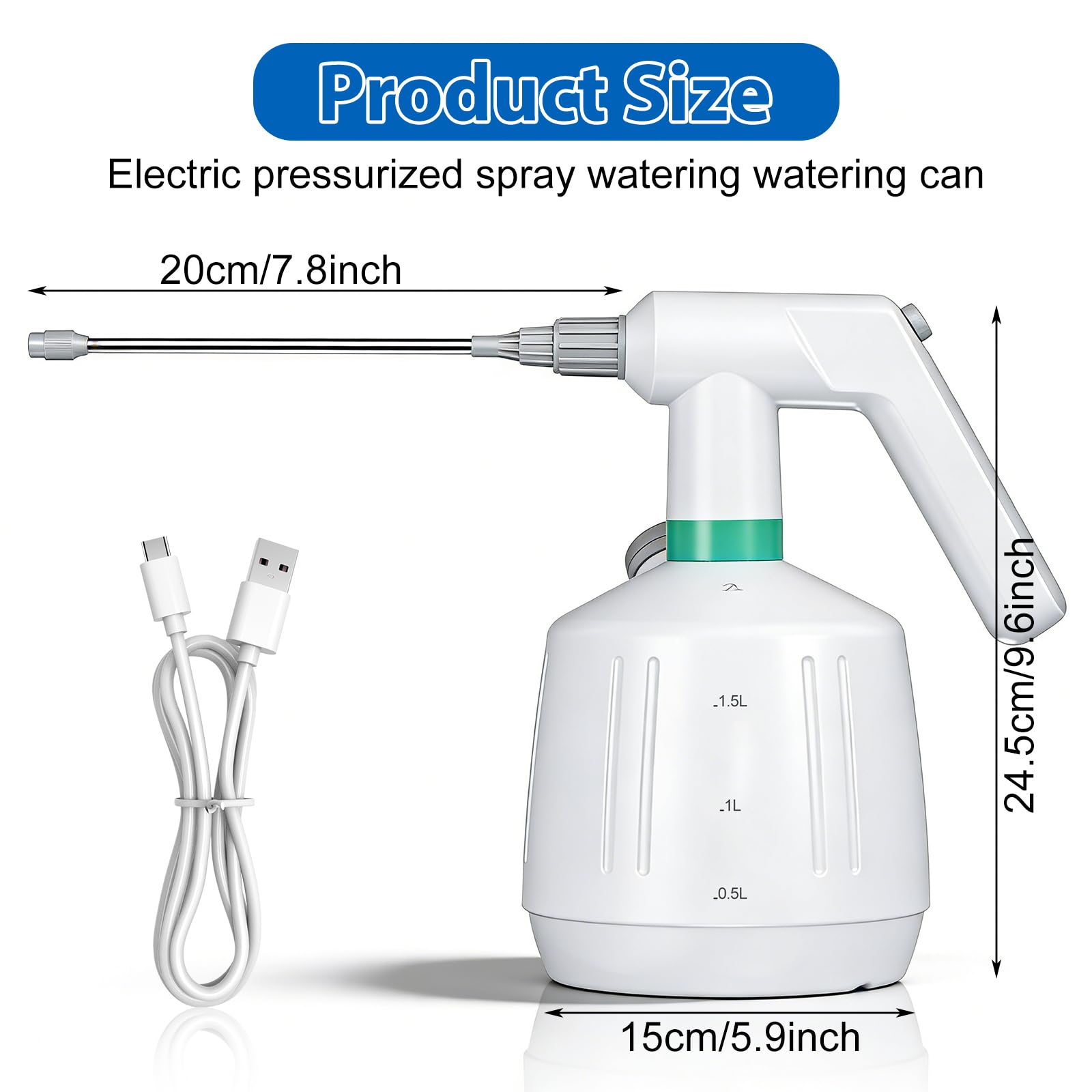 Akku Drucksprüher 2L, Elektrische Sprühflasche, Schaumsprüher, Pumpsprühflasche, USB C Pumpflasche Mit Lange Stange Und Verstellbarer Düse Für Autowäsche,Garten,Pflanzenpflege & Haushalt Reinigung
