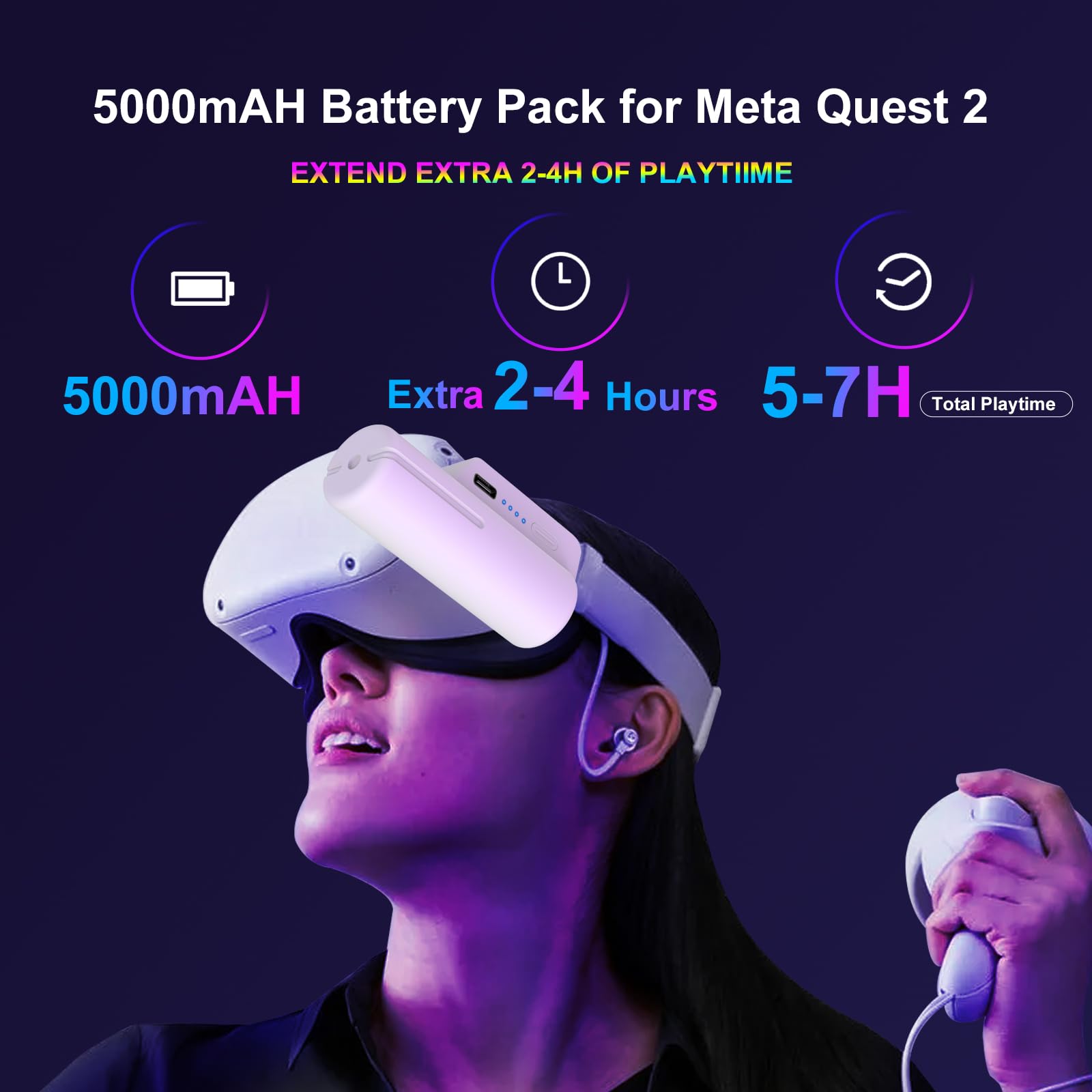 2 Pack Battery Pack for Meta Quest 2 5000mAh Power Bank for Oculus