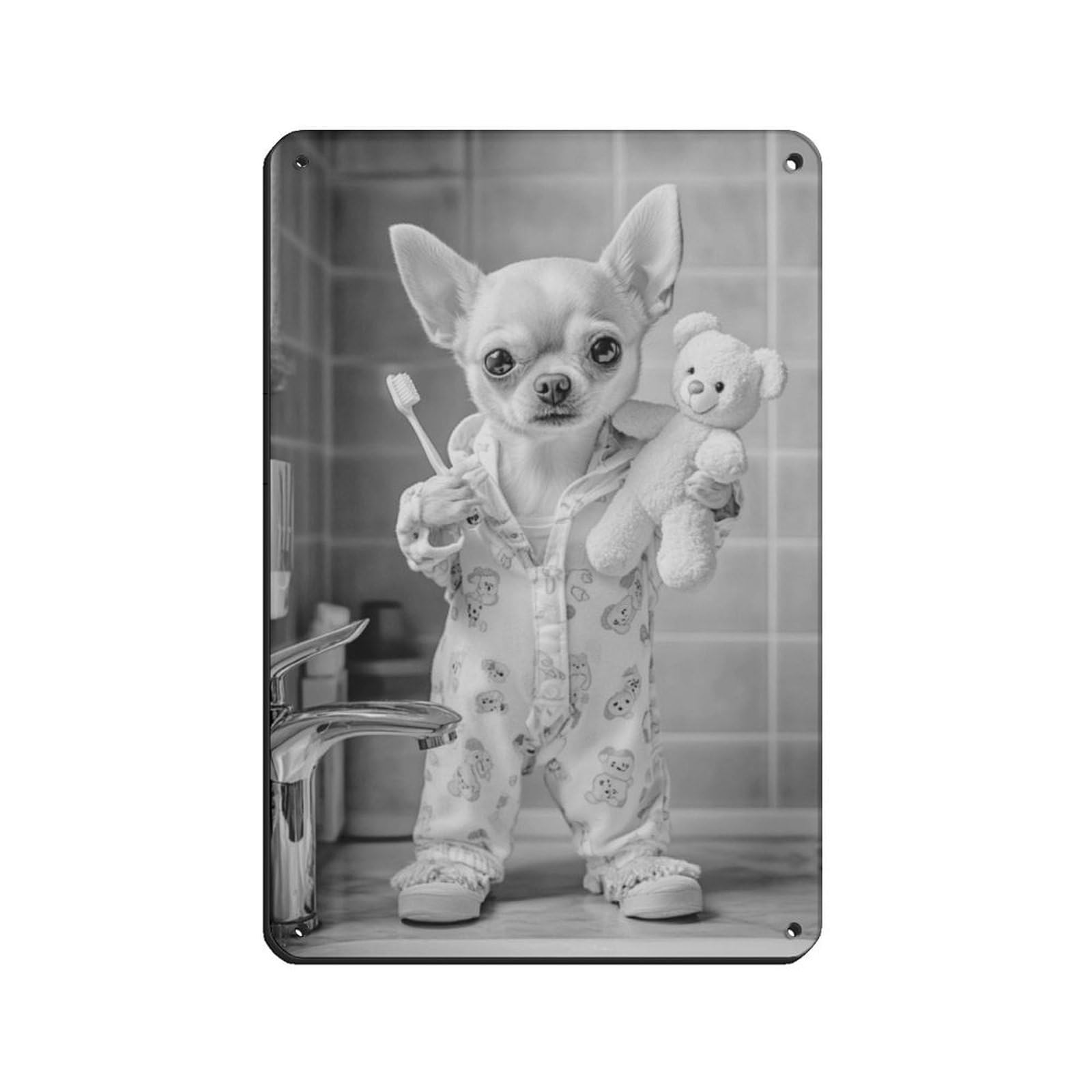 Dog In Pajamas Brushing Teeth Tin Sign Vintage Metal Pub Club Cafe Bar Home Wall Art Decoration Poster Retro 8x12inch(20x30cm)