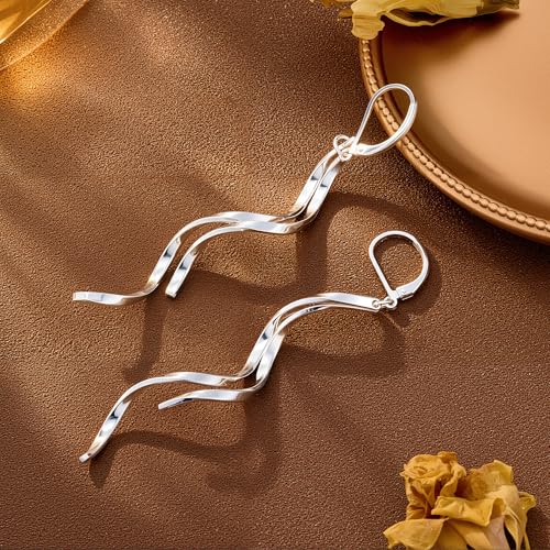 925 Sterling Silver Long Dangle Earrings Hypoallergenic 14k Gold Plated Double Linear Twisted Dangling Drop Earrings for Women Trendy Statement Elegant Leverback Earring for Women Jewelry Gifts3