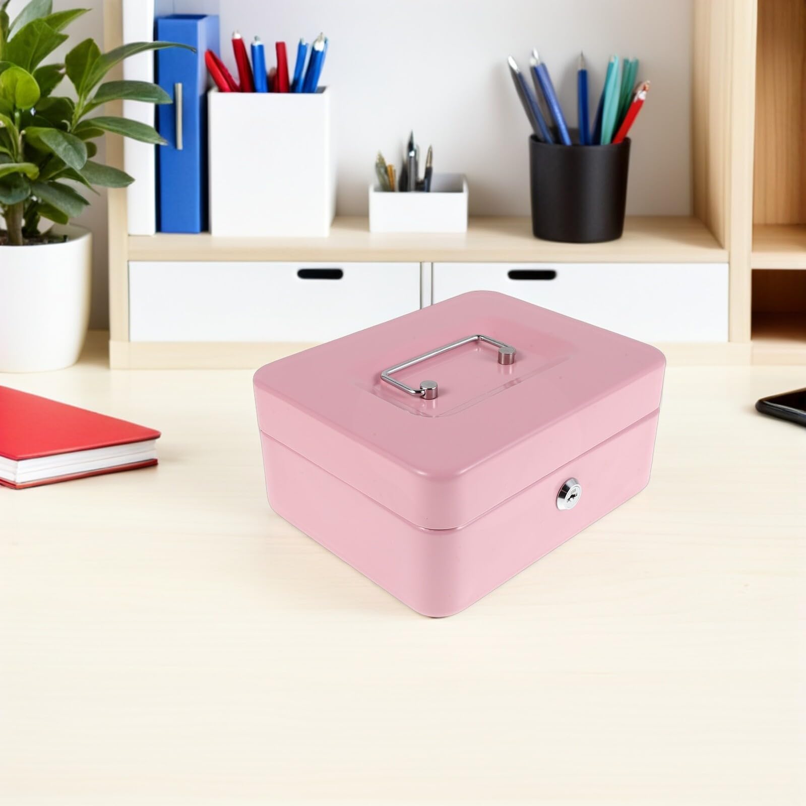 Tofficu Caja de Dinero Rosa con Cerradura y Llave, Contenedor Seguro Monedas, Bandeja Extraíble para Billetes, Almacenamiento Portátil para Hogar, Oficina y Viajes
