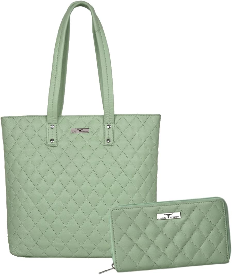 URBAN FORESTNancy Mint Green Quilted Leather Handbag & Mint Green Quilted Leather Wallet Combo Gift Set for Women