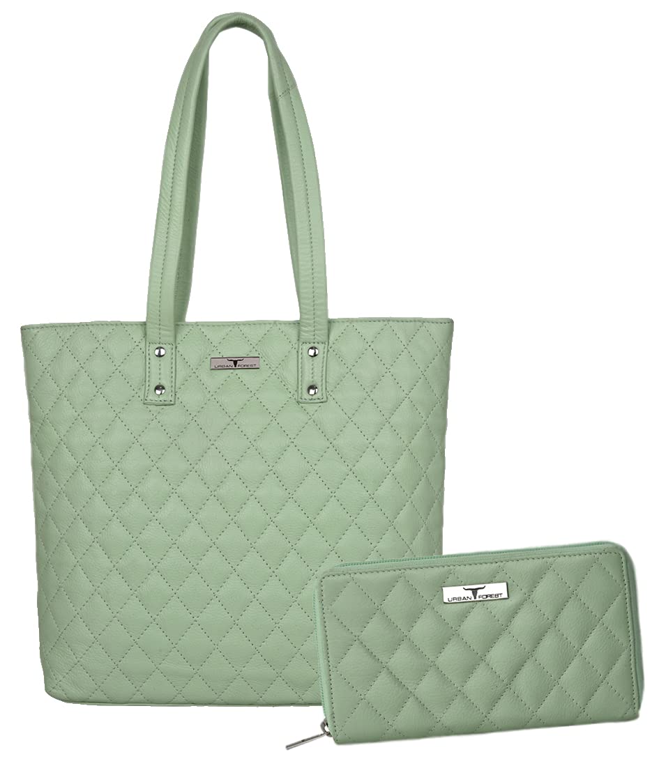 URBAN FOREST Nancy Mint Green Quilted Leather Handbag & Mint Green Quilted Leather Wallet Combo Gift Set for Women URBAN FOREST Nancy Mint Green Quilted Leather Handbag & Mint Green Quilted Leather Wallet Combo Gift Set for Women