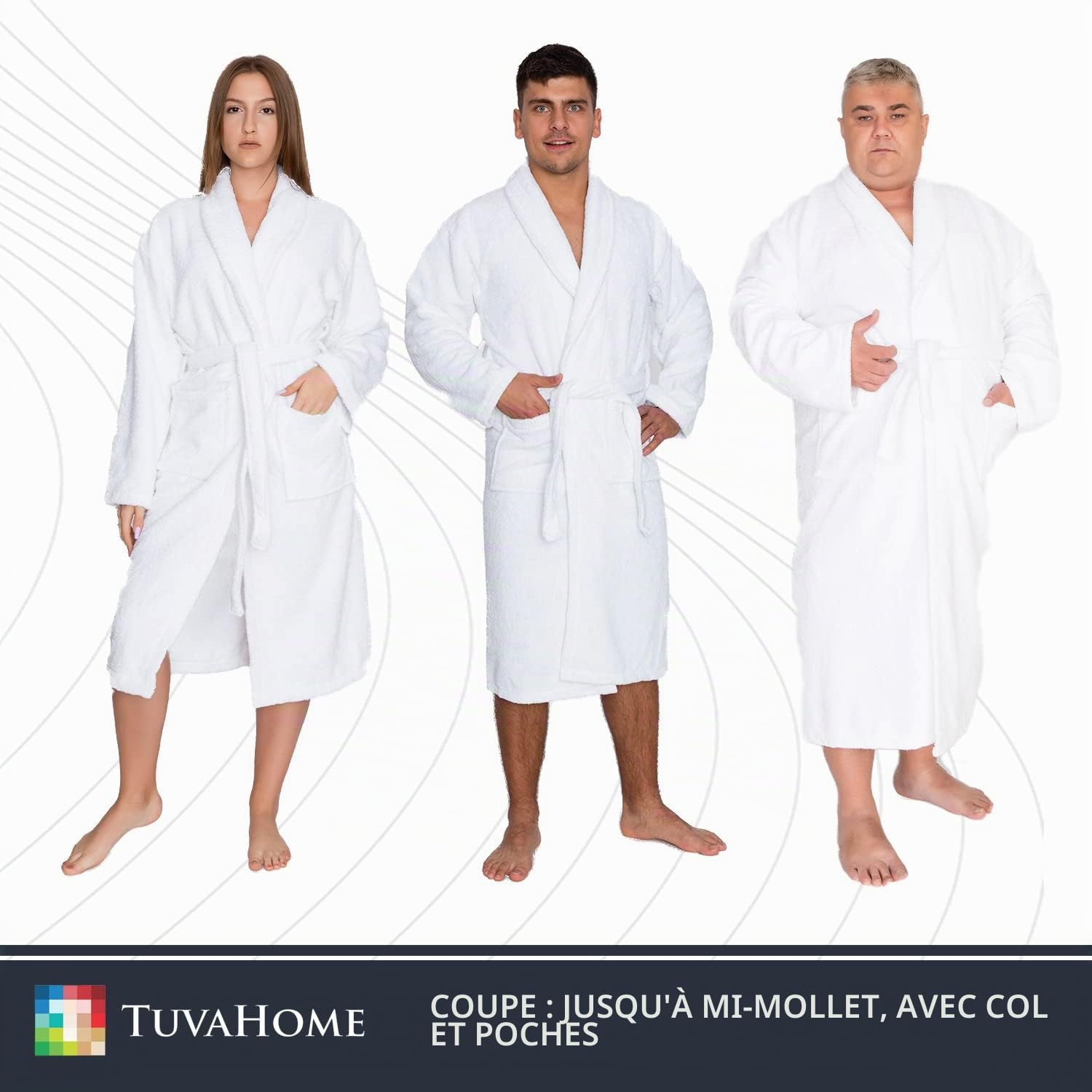 Tuva Home Peignoir Blanc Peignoir Éponge 100% Coton 450g/m2 Unisexe Pour Femme Et Homme Peignoir Hôtel Épais Tailles S/M - 5XL