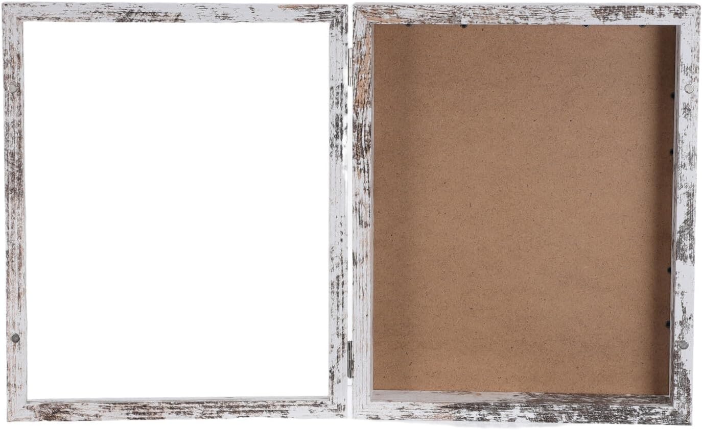 8x10 Inch Wall Mount Shadow Box Display Case with Flip Cover, Vintage White Wooden Keepsake Frame for Dried Flowers, Photos, Medals, and Memorabilia Collections