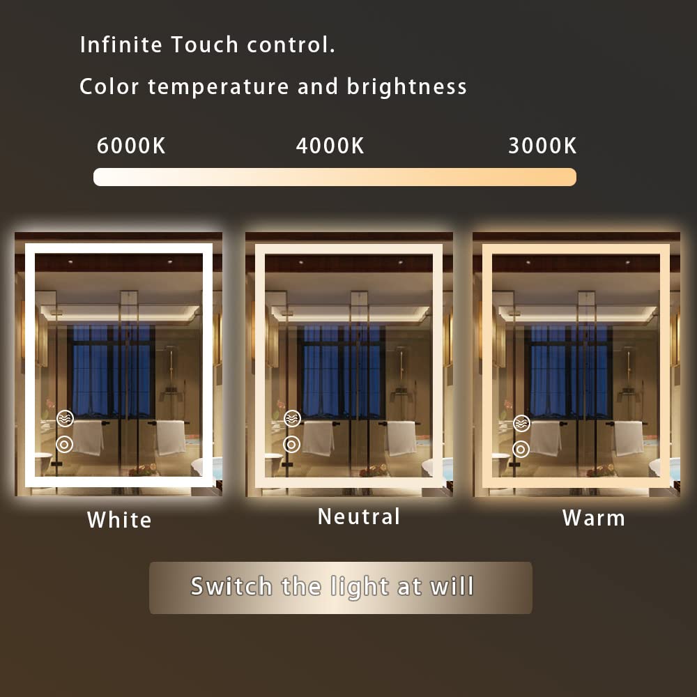 Panana Miroir LED Salle de Bains avec éclairage, LED Miroir de Vanité Muraux, Anti-buée, Vertical et Horizontal (60 x 100 cm)