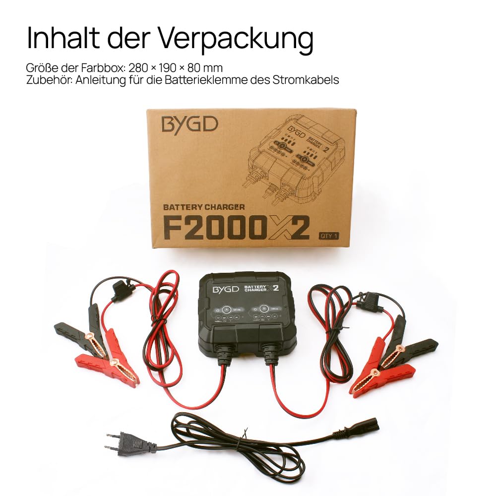 BYGD 4A Autobatterie Ladegerät, 2-Fach KFZ Smart-Batterieladegerät 6V/12V Smart Vollautomatische KFZ Ladegeräte Mit BMS, Gleichzeitiges Laden von Zwei separaten Autobatterien (2A je Bank)