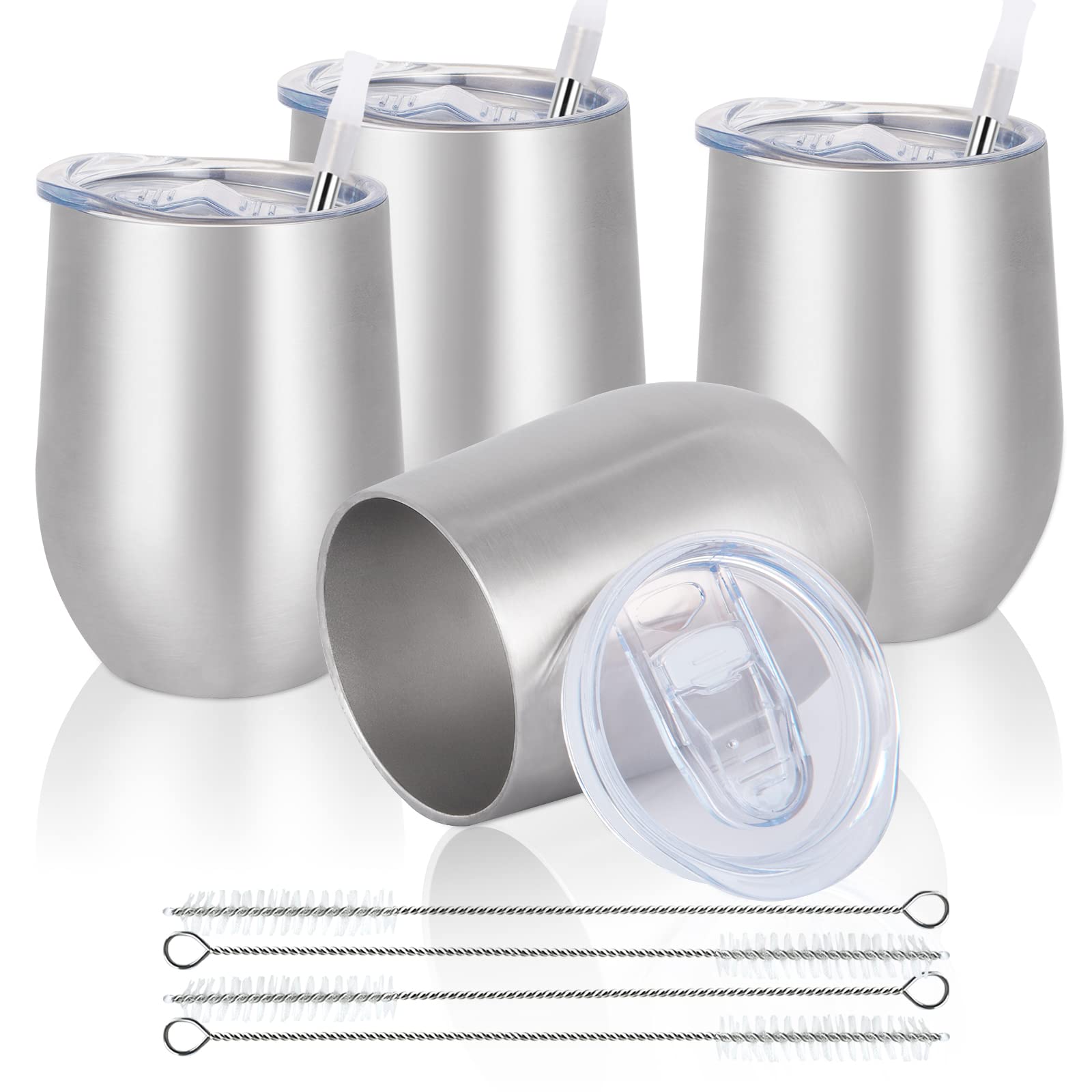 Joymaking Stemless Lot de 4 gobelets à vin en acier inoxydable avec couvercle, double paroi pour lait, café, vin, bière, champagne, cocktails, argent