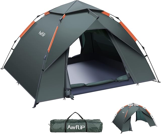 Amflip Camping Tent Automatic 3 Man Person Instant Tent Pop Up Ultralight Dome Tent 4 Seasons Waterproof & Windproof Camping Tent with Removable Outer Tarpaulin, Double Layers (L)