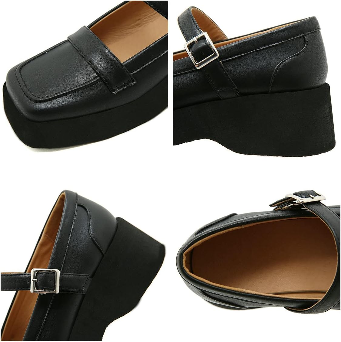Trendenzy Womens Square Toe Mary Jane Uniform Shoes Gothic Wedge Platform Vintage Pumps